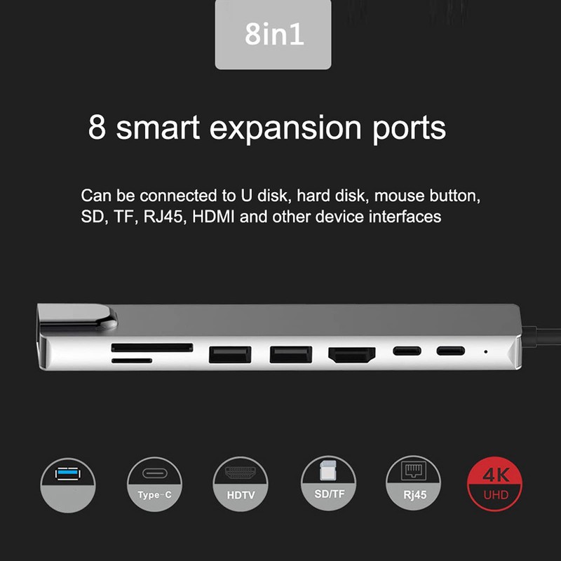 8-in-1 Type-C Hub Docking Station, Multi-Function USB Splitter Adapter 4K