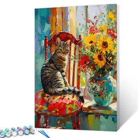 Aihonmin Cute Cats Sitting on Chairs Paint by Number for Adults Beginner and Kids, DIY Flower Painting Acrylic Paint by Number Kits for Kids Adults Beginner for Home Wall Decor(DIY Frame) 16x20 inch