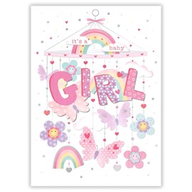 Noel Tatt New Baby Girl Congratulations Card - Birth Congratulations Card with Butterfly Mobile Design and Embossed Foil Details and Embellishments