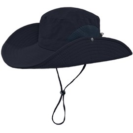 ehsbuy Mesh Sun Hat Men's Wide Brim Boonie Hat Outdoor Safari Fishing Hat Summer Hat Waterproof Rain Hat Foldable Hiking Hat Tropical Hat with Adjustable Chin Strap Hiking Hunting Hat, navy