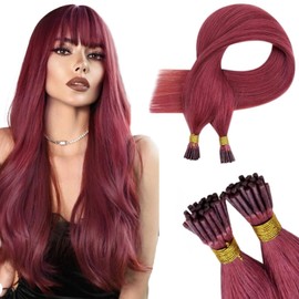 RUNATURE I Tip Hair Extensions Burgundy Red Itip Human Hair Extensions Colorful Highlight I Tip Hair Extensions Human Hair for Women Itips Hair Extensions K Tip Remy Hair 14 Inch 20g 25s