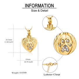 Cremation Jewelry Urn Necklace for Ashes for Pet Dog Paw Print Angel Wing Heart Urn Locket Pendant for Dog/Cat