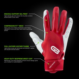 Grip Boost Loaded Baseball Batting Gloves with Boost Plus Leather - Adult and Youth Sizes (Red, Small)