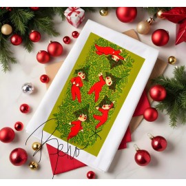 Vintage Kitschy Christmas Tea Towel Waffle Knit