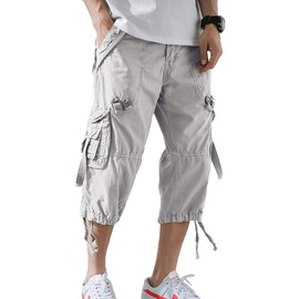 DONGD Mens Cargo Shorts Cotton 3/4 Loose Fit Below Knee Capri Cargo Short Light Grey