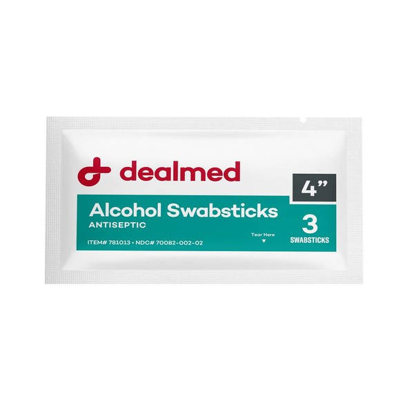 Dealmed 4" Alcohol Swabsticks Individually Sealed Packets, Alcohol Swabs Perfect for Portable First Aid Kits 3 Swabs/Pkg, 25 Pkgs/Box