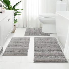 Kmson 3 Pcs Bath Mat Set Bathroom Rugs - Soft Microfiber Chenille Shower Mats for Bathroom Bath Rug with Rubber Backing, Ultra Absorbent Bath Rugs, Bathtub Mat Grey