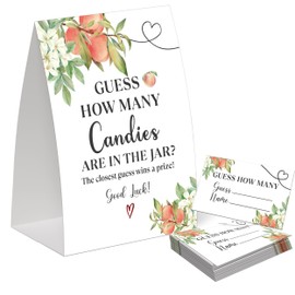 Sweet Peach Guess How Many Candies Are in the Jar Game for Baby Shower, Pack of One 5x7 Sign and 50 Guessing Cards, White Floral Peach Baby Shower Decoration, Gender Neutral Party Supplies - GC06