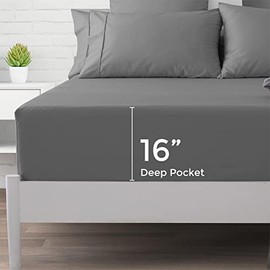 400 Thread Count 100% Cotton Fitted Sheet, Dark Grey Queen Fitted Sheet, Long - Staple Combed Pure Natural Cotton Sheet, Soft & Silky Sateen Weave