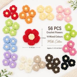 56PCS Crochet Flower Patches Knitted Flowers Sew On Appliques, Milk Cotton Handmade Floral Decorations 14 Colours 4-4.5CM for DIY Crafts Clothing Hair Accessories Party Decor