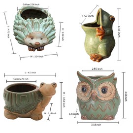 zmgmsmh 4pcs Animal Ceramic Succulent Pot,Indoor and Outdoor use with Drainage Mini Succulent Plants panter Hedgehog Planter, Turtles Planter, Frog Planter and owl Planter