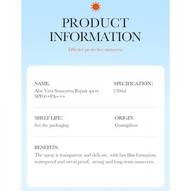 BIOAQUA Spray protector solar Aloe Vera SPF60+ PA+++ UVA/UVB Reparación Refrescante Hidratante Impermeable Resistente al Sudor 5.1 fl oz / 5.07fl.oz