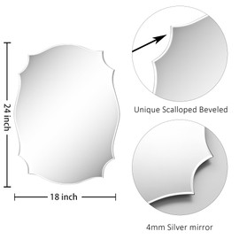 KOHROS Scalloped Beveled Edge Bathroom Mirrors for Over Sink 18" x 24" Silver Frameless Wall Mirror for Bathroom Vanity Entryway
