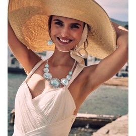 Vintage Turquoise Round Flower Beads Choker Necklace Dangle Drop Earrings Set for Women Antique Silver Bohemian Retro Long Chain Collar Statement Boho Summer Beach Holiday Western Cowgirl Jewelry