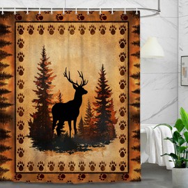 Rustic Shower Curtain, Farmhouse Hunting Theme Cabin Country Bear Paw Deer Bathroom Decor, Retro Wild Animal Hunting Camping Camping Waterproof Fabric Bathroom Accessories Set with Hooks, 70X70IN