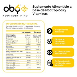 OBY Melena de Leon, Curcuma, L Tirosina, Bacopa, Cafeina y Vitaminas | Nootroby Mind suplemento alimenticio Natural | 60 capsulas de 600 mg