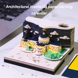 3D Calendar 2025, 3D Calendar, Time Piece Calendar 2025, Tear Away Calendar 2025, 3D Desk Calendar 2025, Architectural Theme 3D Paper Carving Calendar, With Lamp Design, Creative Desktop Pen Holder