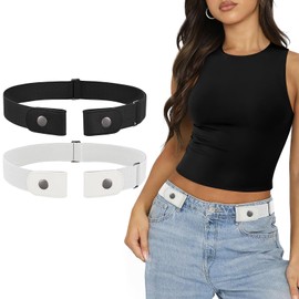 SANSTHS Pack of 2 Belts Without Buckle Women Men Elastic Stretch Adjustable Invisible Belt A Black White S