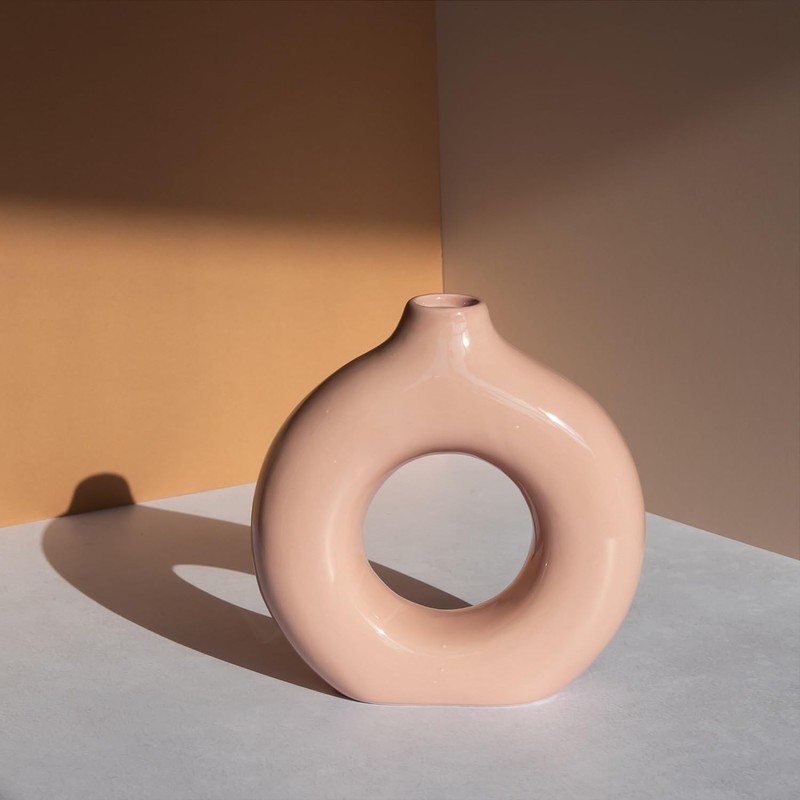 18cm Tall Pink Doughnut Ceramic Vase Flowers Artificial Table Boho