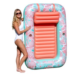 Aqua Inflatable Tanning Pool Lounger – Large (71 x 48 in) – Premium Pool Float with Cupholders and Removeable Pillow for Relaxation and Fun, Pink Flower Coral