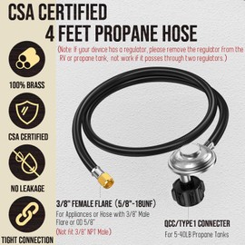 VIEAUBE 4 Feet Propane Regulator Hose for Grill Regulator Replacement Parts, QCC1 Hose and Regulator for Most LP Gas Grill, Heater and Fire Pit Table, 3/8" Female Flare Nut