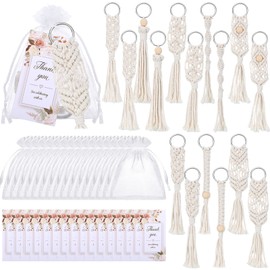 Giegxin Boho Keychain Favors Set Mini Macrame Keychains Boho Tassel Key Ring Organza Bags Thank You Tags for Birthday Wedding Party Favors Bohemian Baby Bridal Shower Rainbow Party Supplies (48 Pcs)