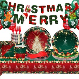 TRANSEE Christmas Party Supplies Christmas Party Disposable Plates, Disposable Dinner Dessert Napkins Tableware Decorations Favors for Xmas Holiday Party Decor Serves 24