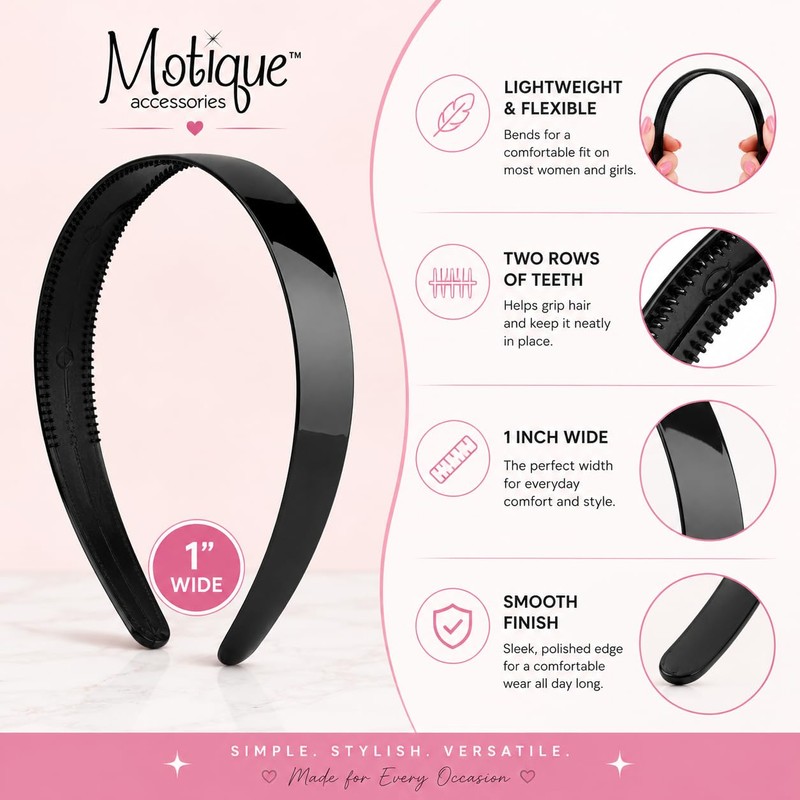 Motique Accessories Plastic Headband, 1 Inch Wide, Yellow