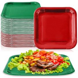 JarThenaAMCS 100Pcs Christmas Red Green Square Paper Plates 9 Inch Metallic Foil Plates Merry Christmas Disposable Plates for Xmas Winter Party Tableware Supplies