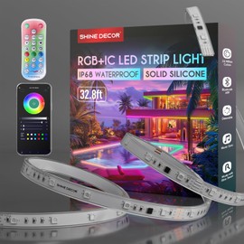 Shine Decor IP68 LED Strip Light 32.8 FT, DC 24V RGB+IC LED Strip Lights, Outdoor Rope Lights with Remote APP Control Music Sync, Color Chasing LED Lights Strip for Chrismas, Pool, Home Decor