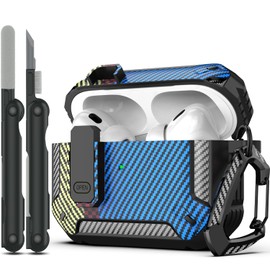 RFUNGUANGO for AirPods Pro 2nd Gen Case with Cleaning Kit, Military Hard Case Protective Armor with Lock, for AirPod Gen 2 Charging Case (2023/2022/2019, 2nd Gen/1st Gen), Carbon Fiber Blue