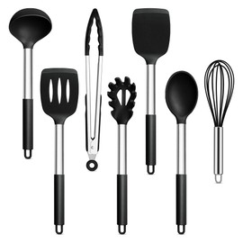 Joyfair Küchenhelfer Set, 7 Stück Kochbesteck Küchenutensilien Set, Schwarz Antihaft Hitzebeständiger Pfannenwender Kochutensilien zum Kochen/Backen/Flip, Leicht zu Reinigen & Spülmaschinenfest