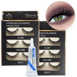 Lashes False Eyelashes, Fluffy Eyelash Strip Lash Wispy Volume Handmade Lashes, 6 Pairs 3D Thick Long Fake Lashes with Glue, Natural Cross Fake Eye lashes for Daily and Party