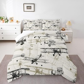 Boys Airplane Twin Size Comforter Set,Kids Aircraft Sketch Decor All Season Bedding Set,Teens Retro Style Comforter,Children Black and Brown Decor Quilt Set Bedroom Collection 2Pcs