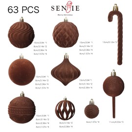 Senjie Velvet Christmas Balls Flocked Christmas Tree Ball Ornaments 63PCS Bulk Plastic Balls Xmas Decorative Hanging Ornaments Christmas Tree Decoration Brown