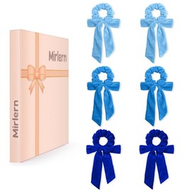 Mirlern 6-Piece Velvet Knotted Bow Scrunchies for Women and Girls, No Damage Cute Rubber Bands with Ribbon, Elastics Hair Ties Rope Ponytail Holder Hair Accessories (Blue Theme)