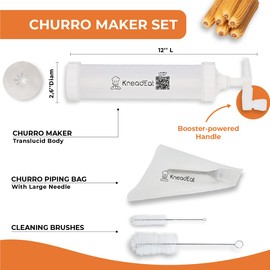 KneadEat Churro Maker Kit with Booster-powered Handle. Churrera and Piping Bag Churros Filler. Easy QR-Recipe to Prepare and Fill Your Own Churros at Home - KneadEat Cookie press - Churro press.