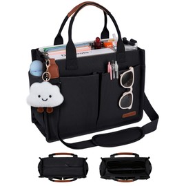 BESBESME Canvas Tote Bag for Women with Zipper & Compartments– Large Multi-Pocket Work & College Crossbody Shoulder Bag, Detachable Strap, Laptop Purse for Teachers, Nurses, Travel, Church, Black L