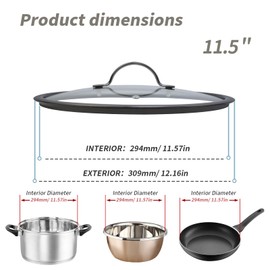 11.5" Tempered Glass Pan Lid with Steam Vent, Thickened to 4mm and Dishwasher Safe and Oven up to 480℉, Universal Lid Fit for Cast Iron Skillets, Frying Saute Pan, Cooking Pot