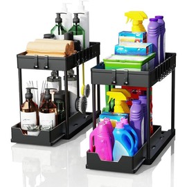 2 Pack Under Sink Organizers and Storage, 2-Tier Sliding Cabinet Basket Organizer with Hooks, Multi-Purpose Under Sink Organizers and Storage for Bathroom Kitchen Racks Racks - Color: Upgraded 2 Pack Black