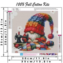 Gnome Stamped Cross Stitch Kits for Adults Beginner,Sewing Machine Counted Cross Stitch Kits Printed Stitching Cute Patterns Dimensions Needlepoint Art Crafts Embroidery Kits for Adults Beginners