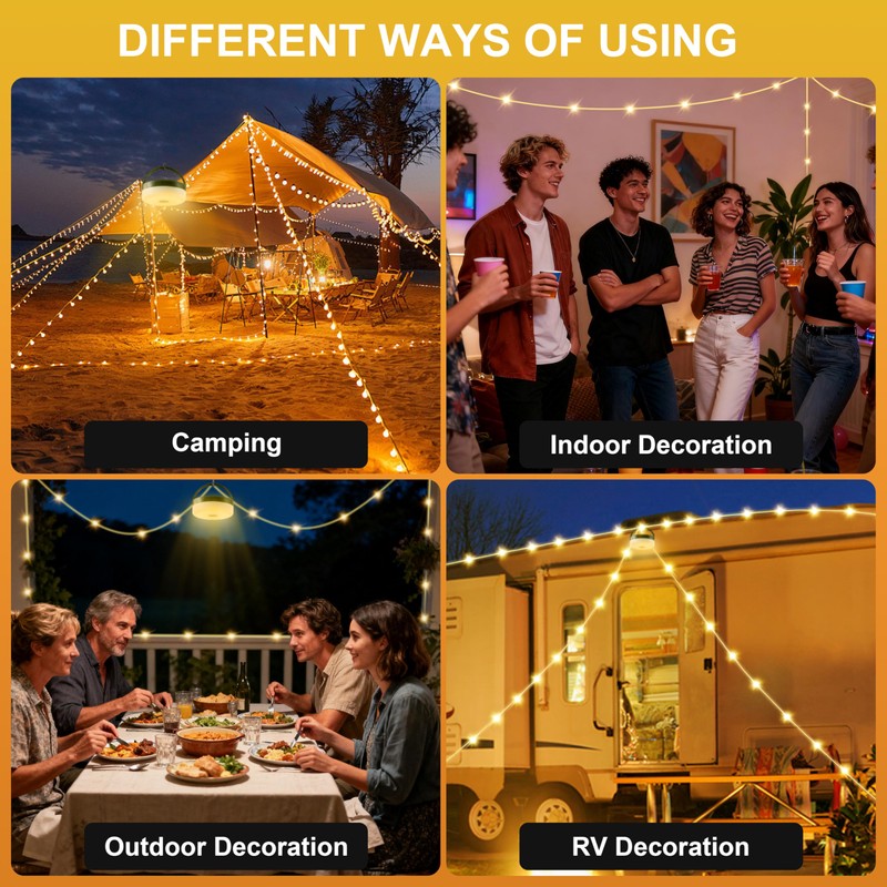 Camping String Lights, 4 in 1 Quick Storage 33FT Rechargeable