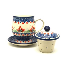 Polish Pottery Mug - with Infuser - Red Daisy Bouquet