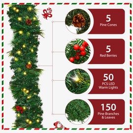 9FT/2.7M Christmas Garland For Fireplace Stairs Front Door,Pre Lit Xmas Garlands With Lights Pine Cones Berries,Light Up Artificial Wreath Table Porch Arch Mantle Garden Gate Home Outdoor Decorations