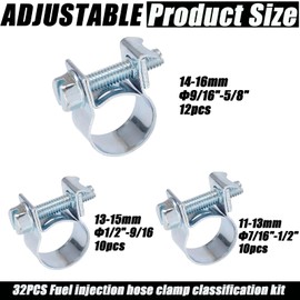 32PCS Fuel Line Hose Clamps Kit – 1/4", 5/16", 3/8" Adjustable Pipe Clamp Assortment for Gas Diesel Fuel Injection Lines – Automotive Tubing Sleeving Clip Set