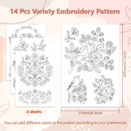 peacoblue Water Soluble Embroidery Patterns for Beginners 4 Sheets Bird and Flower with 14pcs Patterns, Wash Away Stick and Stitch Dissolvable Embroidery Paper for Hand Sewing Lovers Women Adult