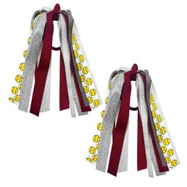 Ftuuo 2pcs Softball Ponytail Holders Hair Ribbons Streamer Yellow Red Glitter Softball Elastic Hair Ties Band Hair Scrunchies Game Day Party Accessories Back School Gift for Women Cheerleader Fans