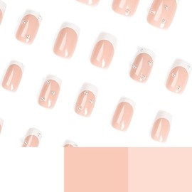 Square Nude Nails for Sticking, Short with Pearl Designs, KXAMELIE Shiny White French Acrylic Nails, Full Cover, Short Coffin False Nails for Women and Girls, 24 Pieces