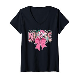 Womens Coquette Nurse Christmas Nursing Pink Tone Bow Xmas Icons V-Neck T-Shirt