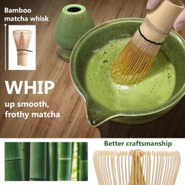 Matcha Whisk Set, 5 Pcs Ceramic Matcha Kit, Traditional Matcha Bowl with Spout, Matcha Tea Set Handcrafted Bowl, Bamboo Whisk, Tea Spatula - Japanese Tea Kit for Matcha Lovers (Kiln-Glazed Green)